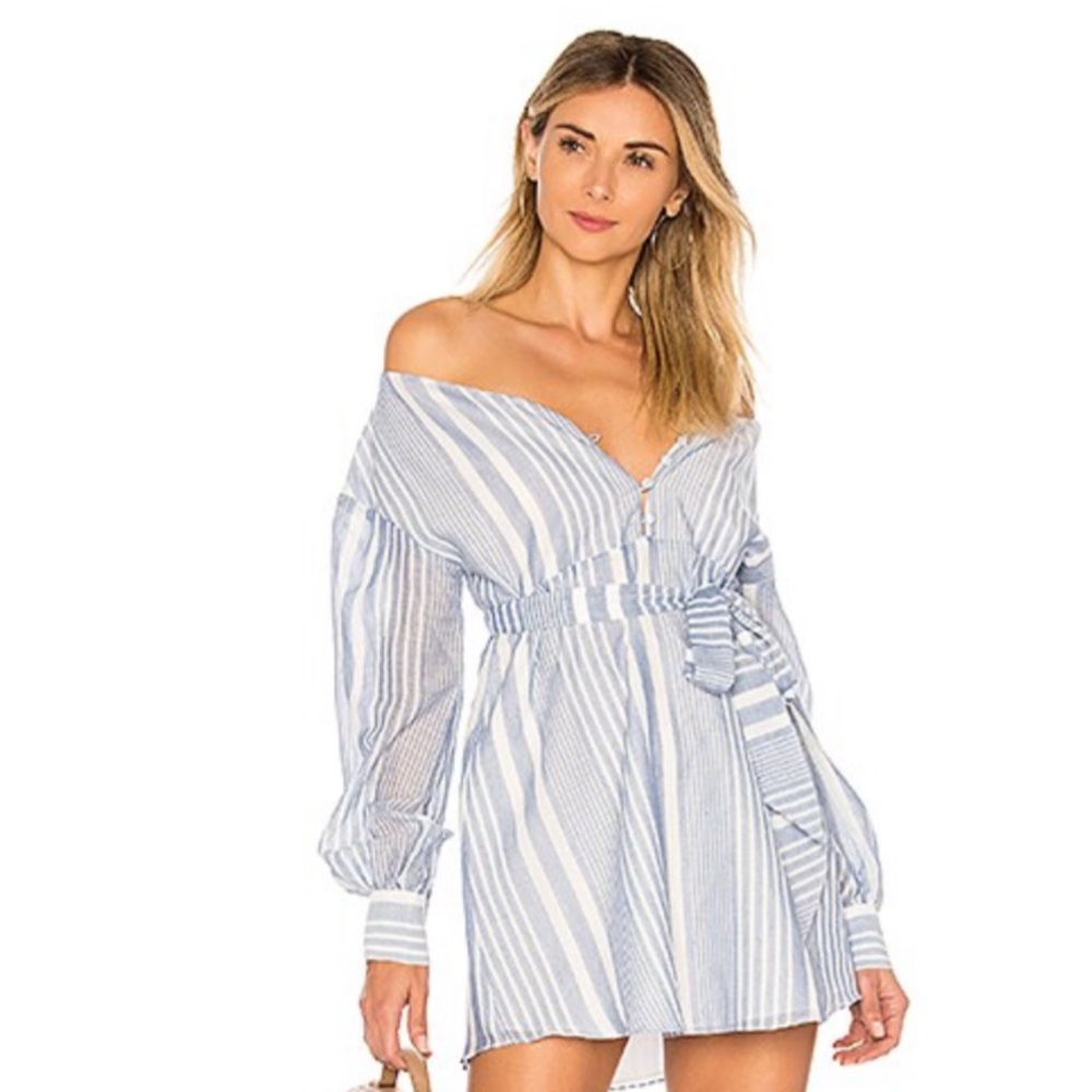 L’Academi Frida off the shoulder dress in blue stripe.  *One Missing Belt* S &M